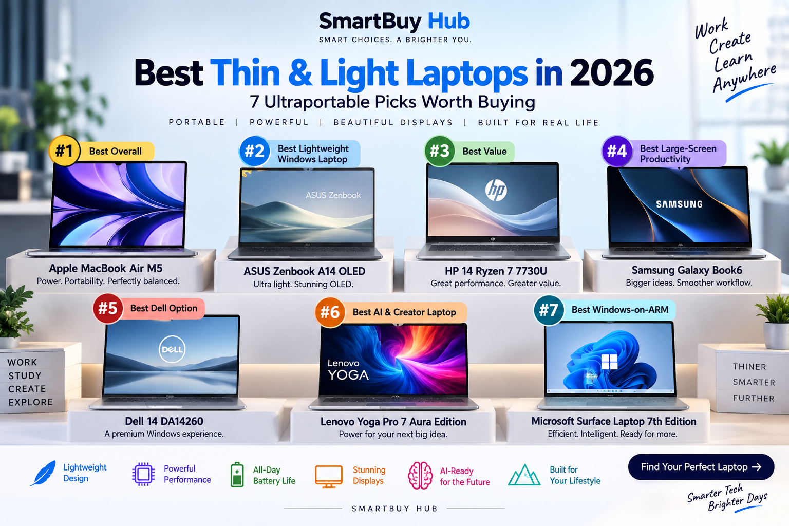 Best laptops for students in 2026 featuring MacBook Air M5, ASUS Vivobook 15, Lenovo IdeaPad Slim 3, HP OmniBook 5 OLED, Acer Aspire 5, HP 14 and Lenovo LOQ