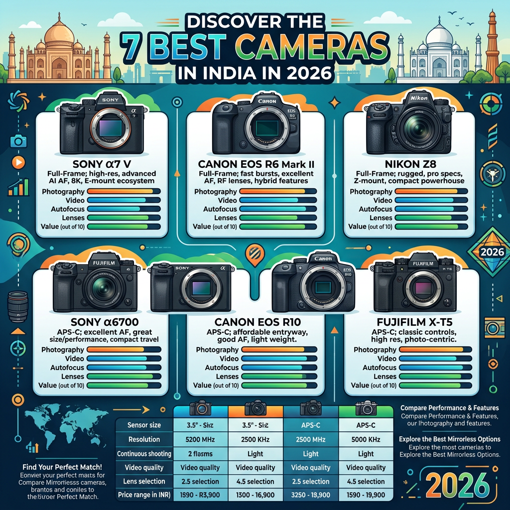 Infographic comparing six mirrorless cameras in India for 2026, including Sony, Canon, Nikon, and Fujifilm models.